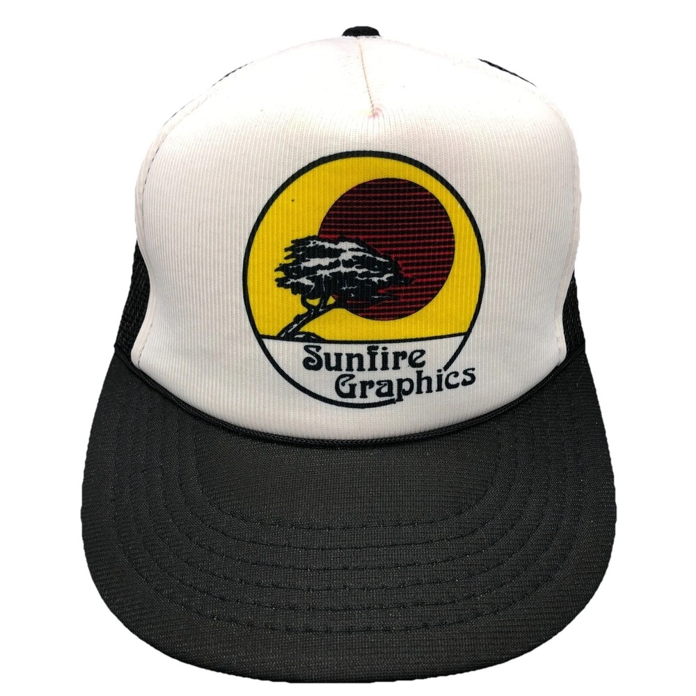 Vintage Trucker Hat Cap Snap Back Black White High Dome Y2K 90s Sunfire Graphics